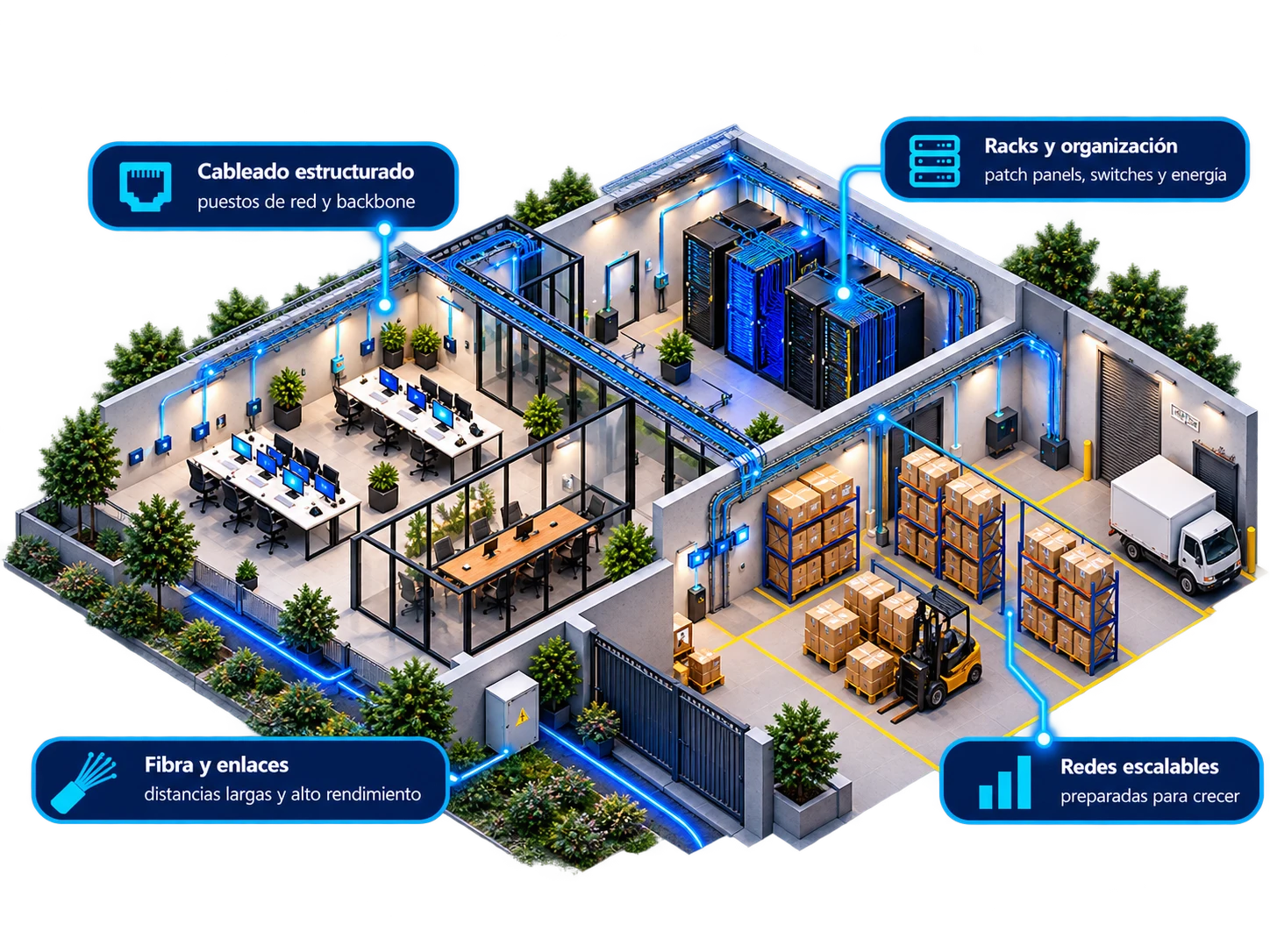 Infraestructura isométrica de redes empresariales con cableado estructurado, racks, switches, fibra óptica y backbone